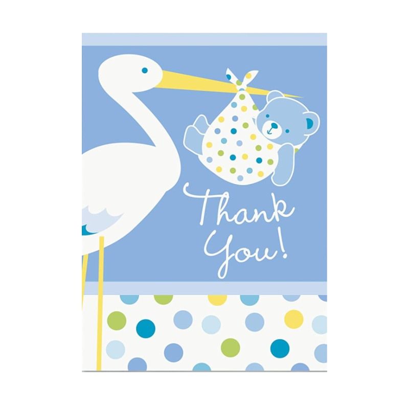 CLZ192 Mavi Renk Baby Stork Baby Shower Teşekkür Zarfı ve Not Seti 8 Adet (4172)