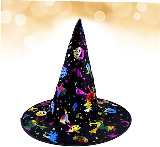 CLZ192 Cadı Şapkası Siyah Üzeri Rengarenk Balkabağı Cadı Figür Baskılı 38x34 cm (4172)