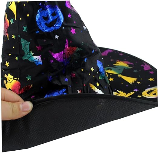 CLZ192 Cadı Şapkası Siyah Üzeri Rengarenk Balkabağı Cadı Figür Baskılı 38x34 cm (4172)