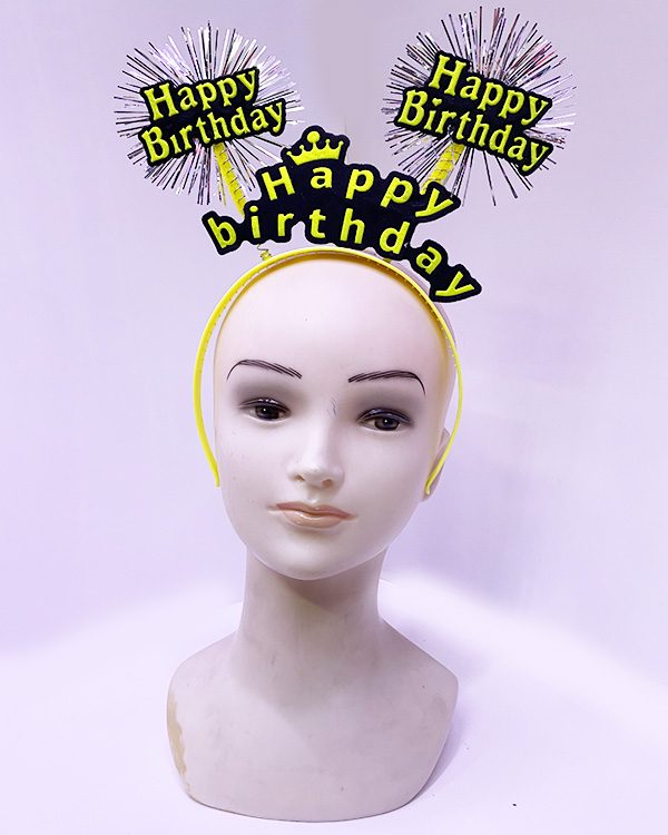 CLZ192 Happy Birthday Püsküllü Neon Sarı Renk Doğum Günü Tacı 22x19 cm (4172)