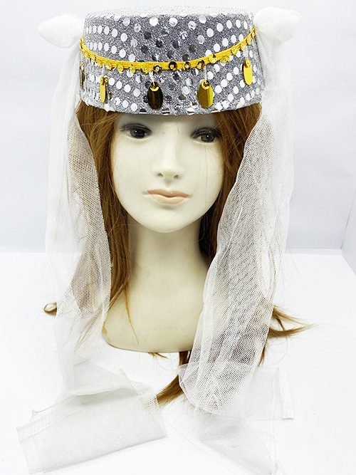 CLZ192 Beyaz Duvaklı Altın Pul İşlemeli Kına Fesi Kına Şapkası Oryantal Şapkası (4172)