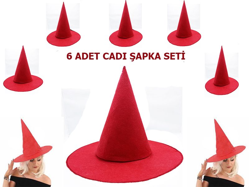 CLZ192 Kırmızı Renk Keçe Cadı Şapkası Yetişkin Çocuk Uyumlu 6 Adet (4172)