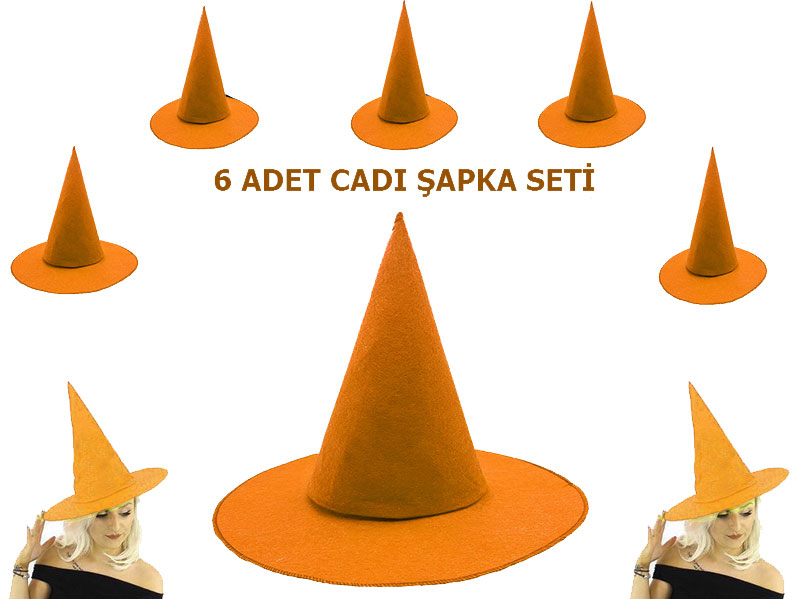 CLZ192 Turuncu Renk Keçe Cadı Şapkası Yetişkin Çocuk Uyumlu 6 Adet (4172)