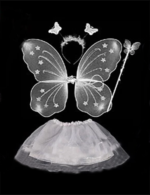 CLZ192 Beyaz Kelebek Kostümü - Beyaz Kelebek Kostüm Aksesuar Seti 4 Parça (4172)