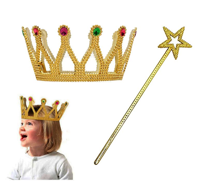 CLZ192 Çocuk Boy Kraliçe Prenses Tacı ve Yıldız Peri Asası Altın Renk (4172)