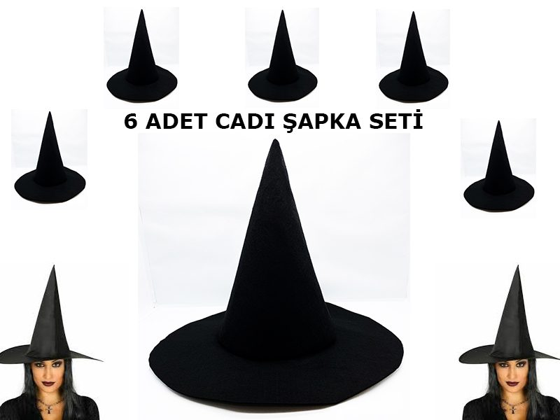 CLZ192 Siyah Cadı Şapkası Keçe Yetişkin Boy 6 Adet (4172)
