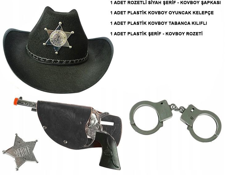 CLZ192 Çocuk Boy Siyah Şerif-Kovboy Şapka Tabanca Rozet ve Kelepçe Seti 4 Parça (4172)