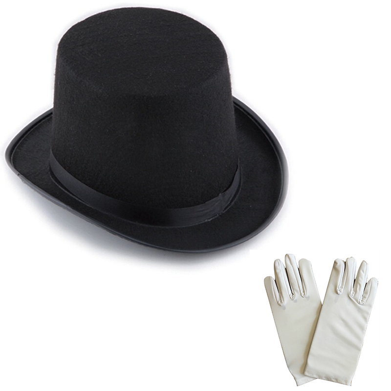 CLZ192 Siyah Sihirbaz Fötr Şapka PM - 1 Çift Beyaz Sihirbaz Eldiveni - Yetişkin Boy (4172)