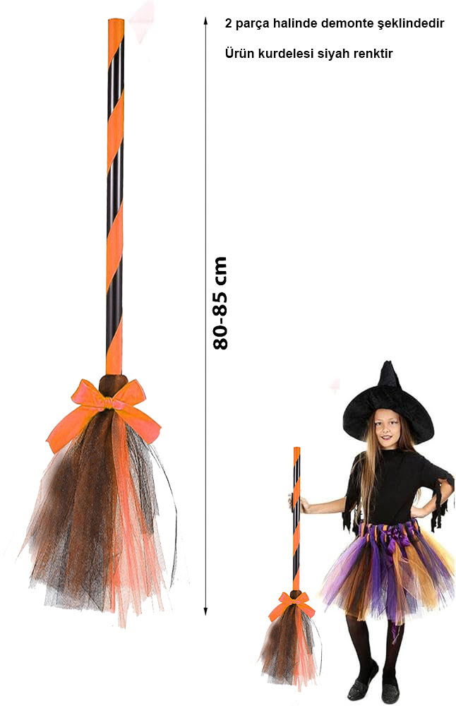 CLZ192 Turuncu Cadı Süpürgesi - Halloween Siyah Fiyonklu Tüllü Cadı Süpürgesi 80-85 cm (4172)