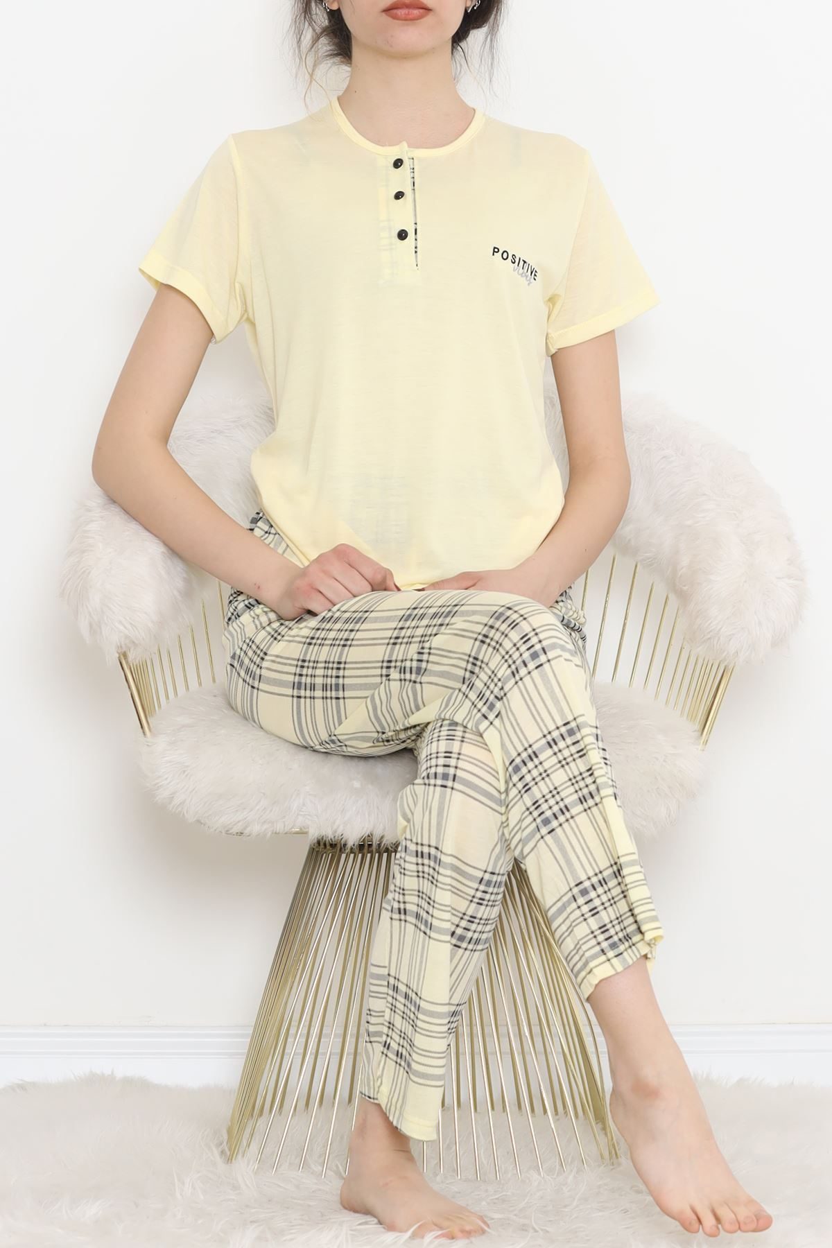 CLZ275 Düğmeli Pijama Takımı Sarı