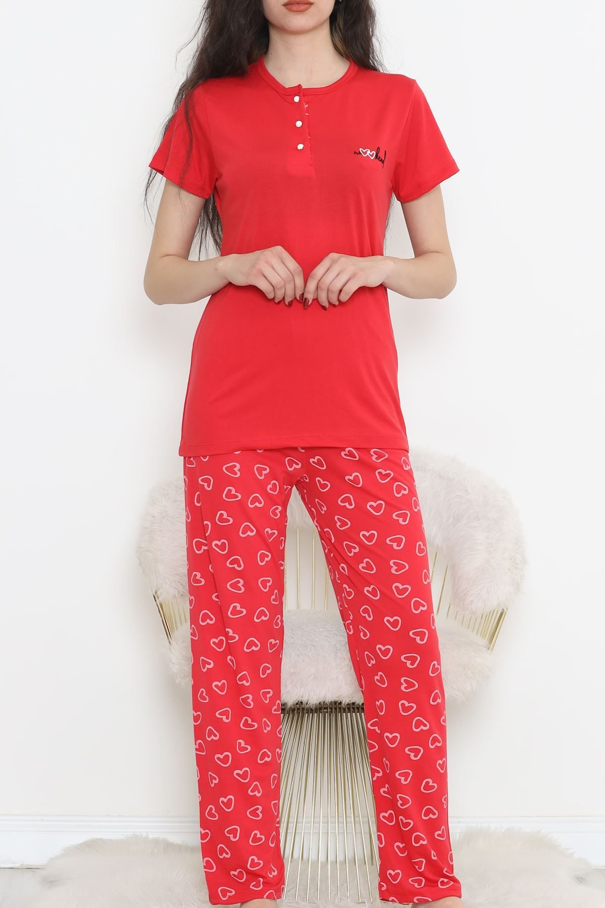 CLZ275 Düğmeli Pijama Takımı Kırmızı