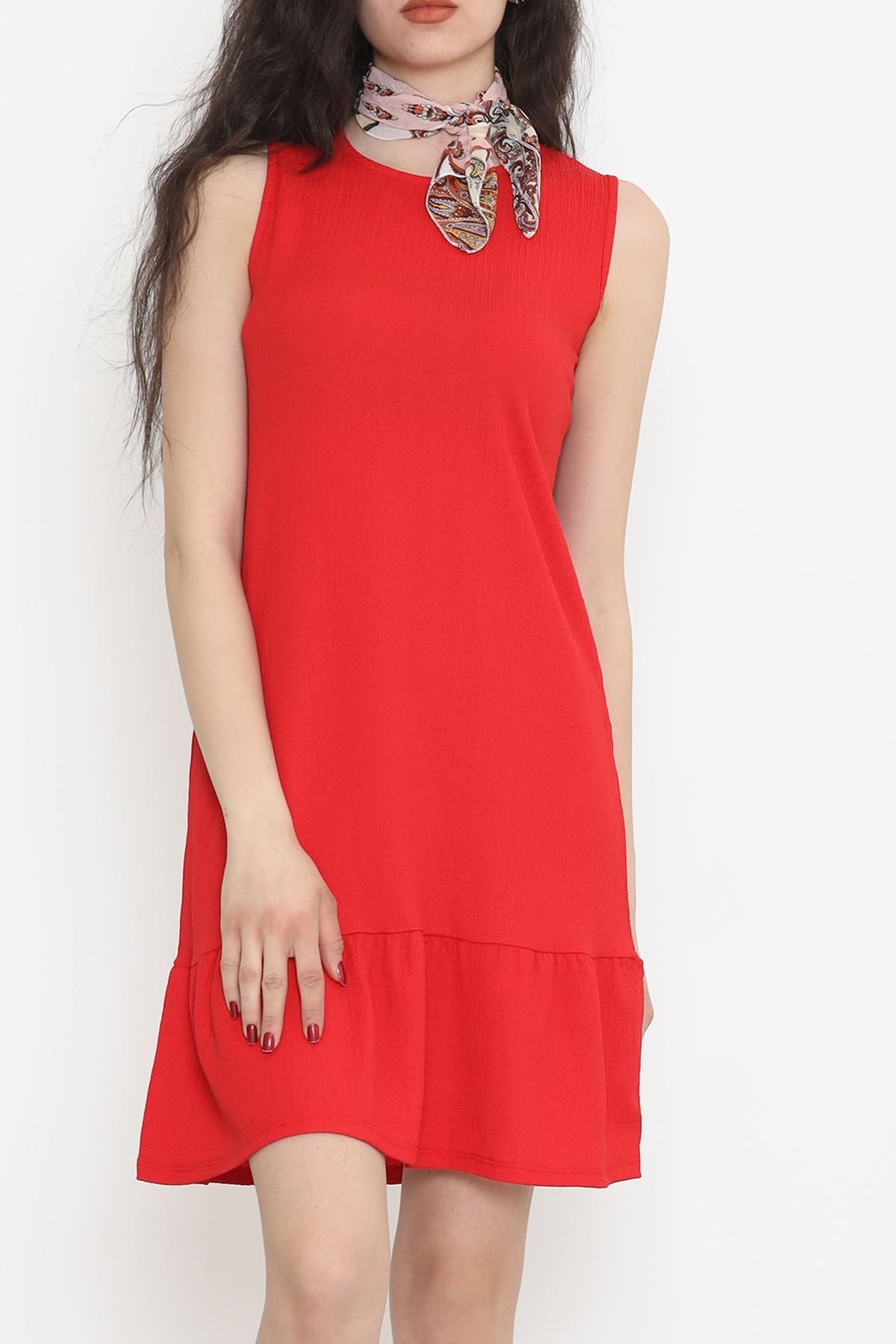 CLZ275 Kolsuz Eteği Fırfırlı Elbise Kırmızı