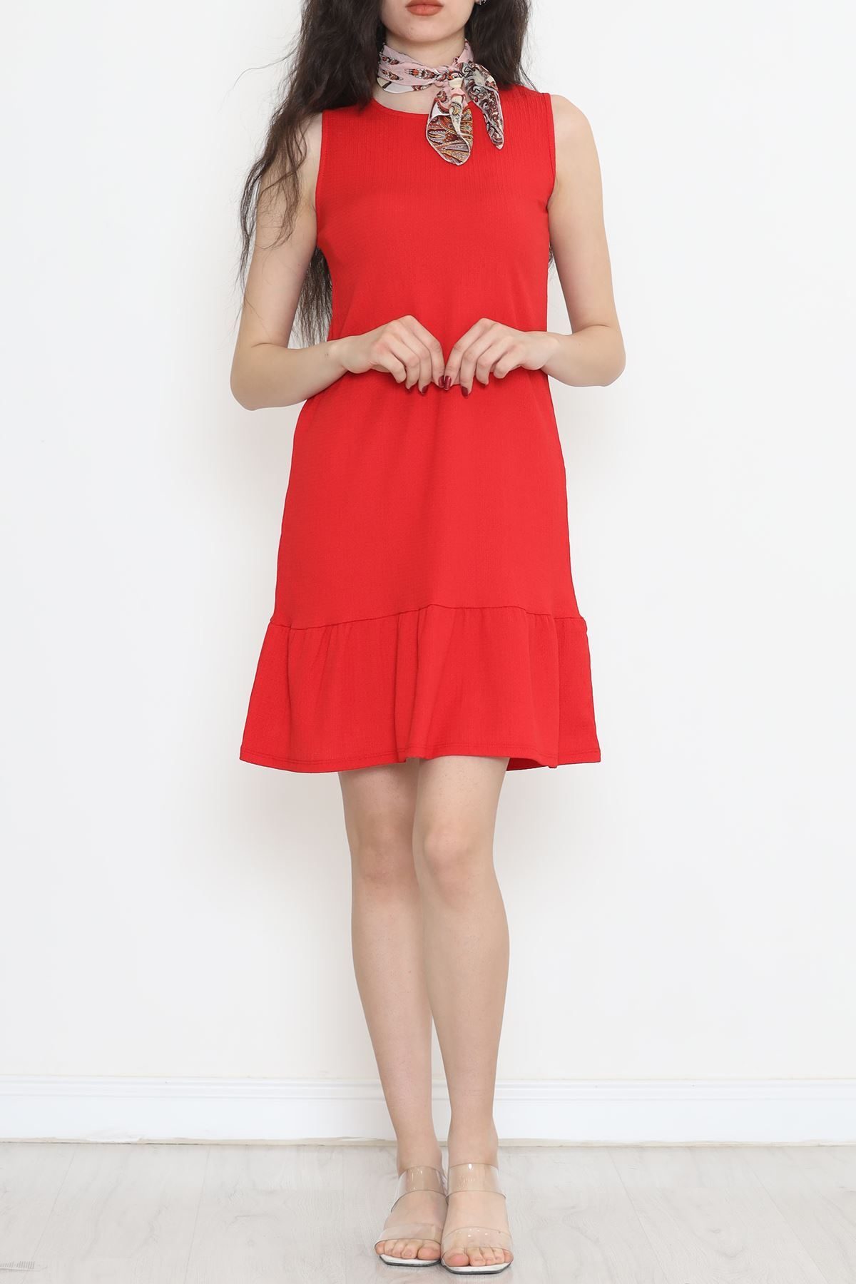 CLZ275 Kolsuz Eteği Fırfırlı Elbise Kırmızı