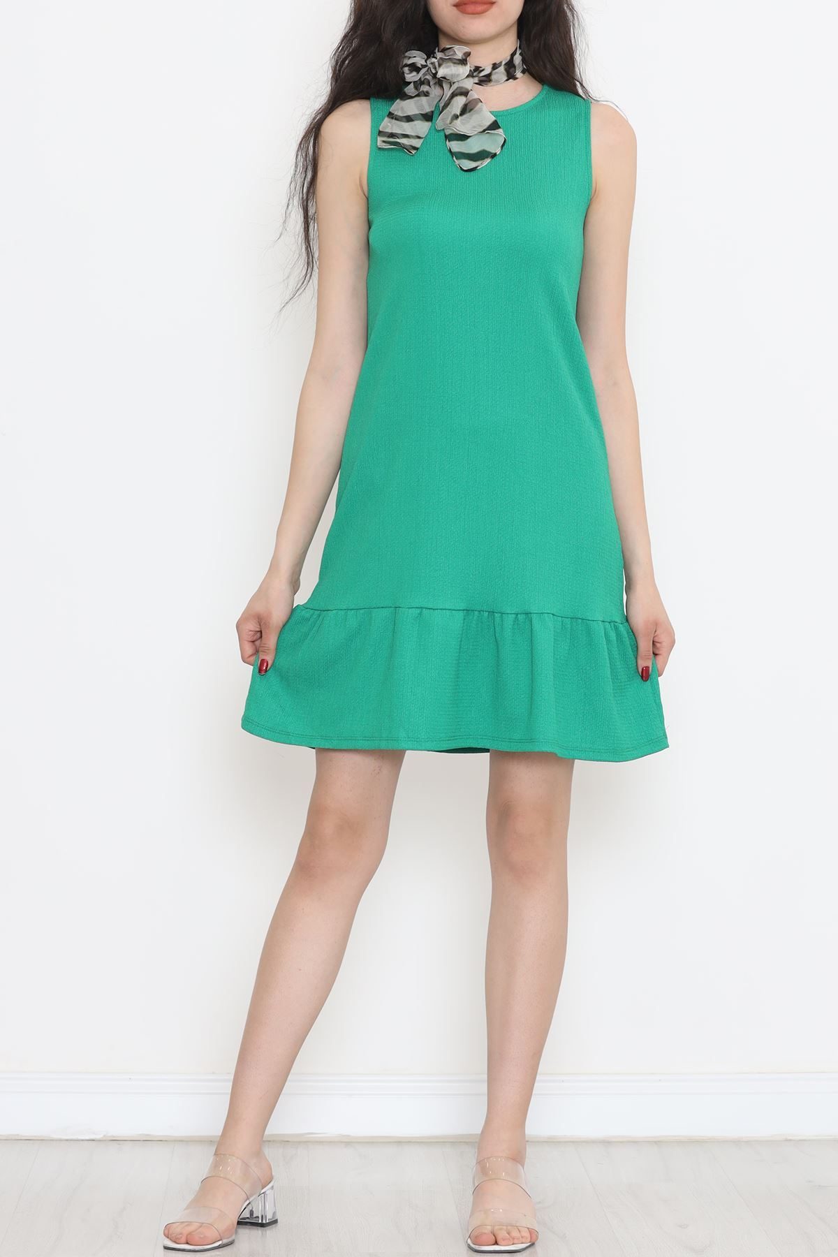 CLZ275 Kolsuz Eteği Fırfırlı Elbise Yeşil
