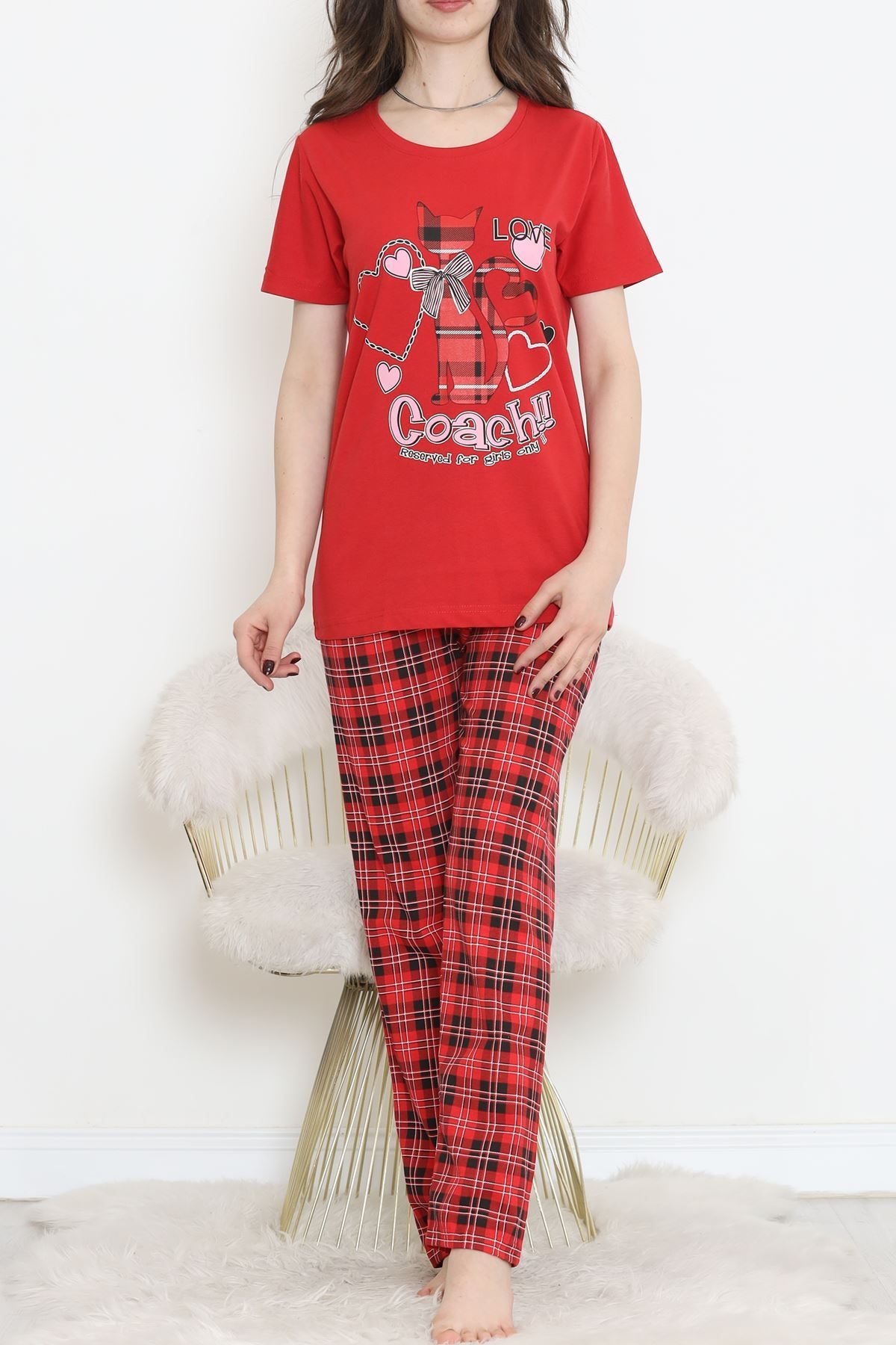 CLZ275 Desenli Pijama Takımı Kırmızıpembe