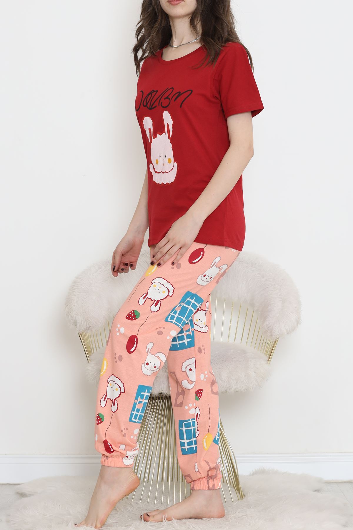 CLZ275 Desenli Pijama Takımı Kırmızıpudra