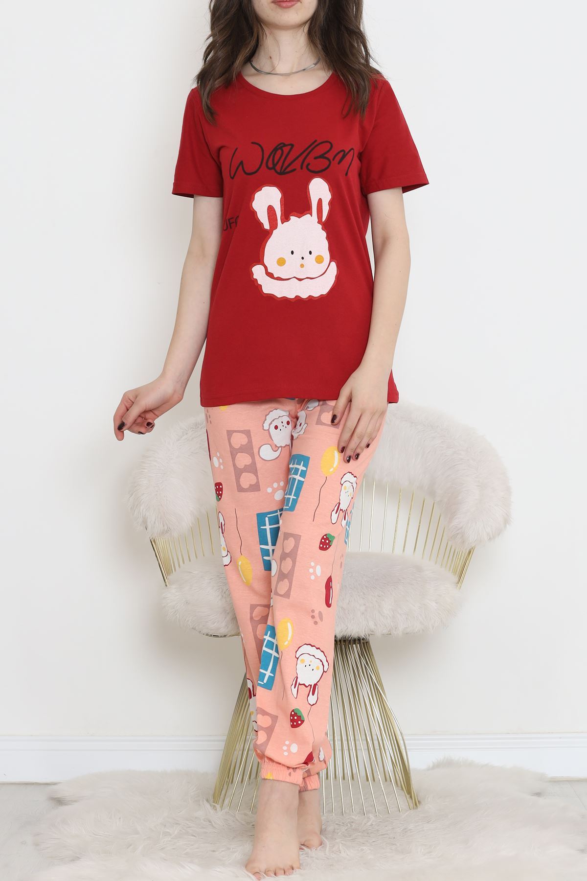 CLZ275 Desenli Pijama Takımı Kırmızıpudra