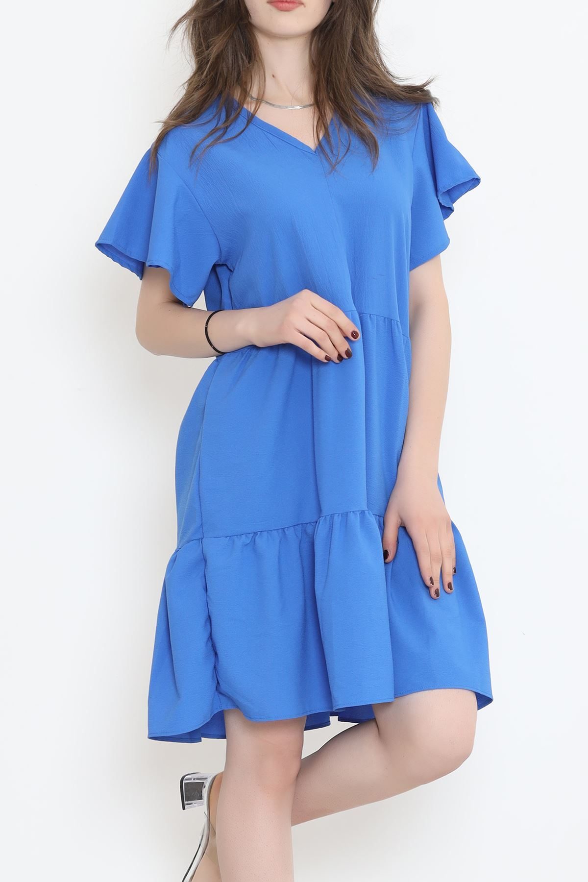 CLZ275 V Yaka Fırfırlı Elbise Mavi