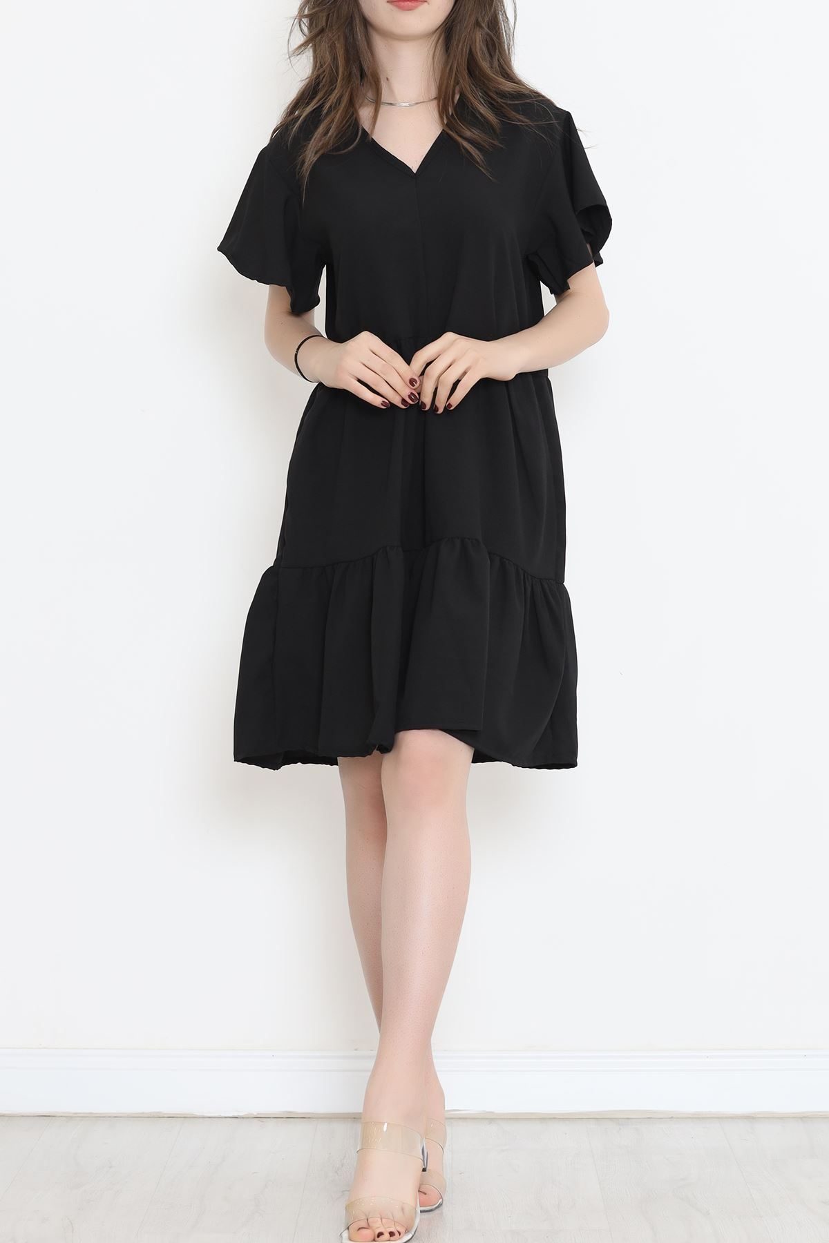 CLZ275 V Yaka Fırfırlı Elbise Siyah