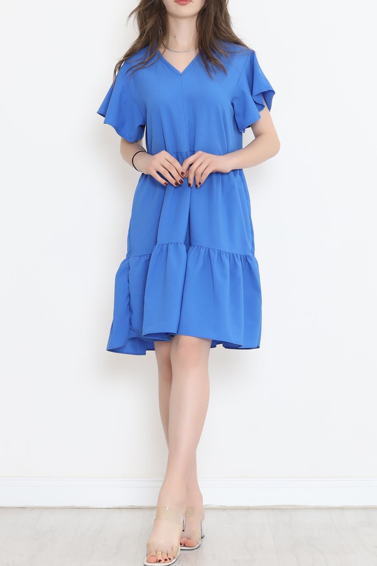CLZ275 V Yaka Fırfırlı Elbise Mavi