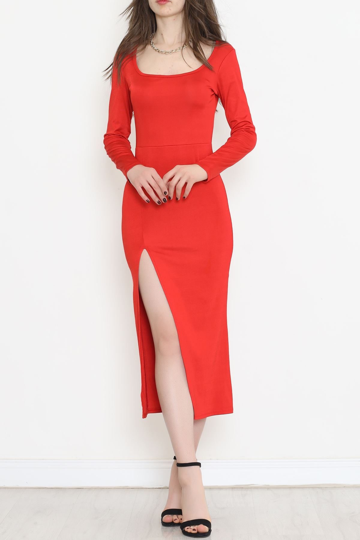 CLZ275 Yırtmaçlı Elbise Kırmızı