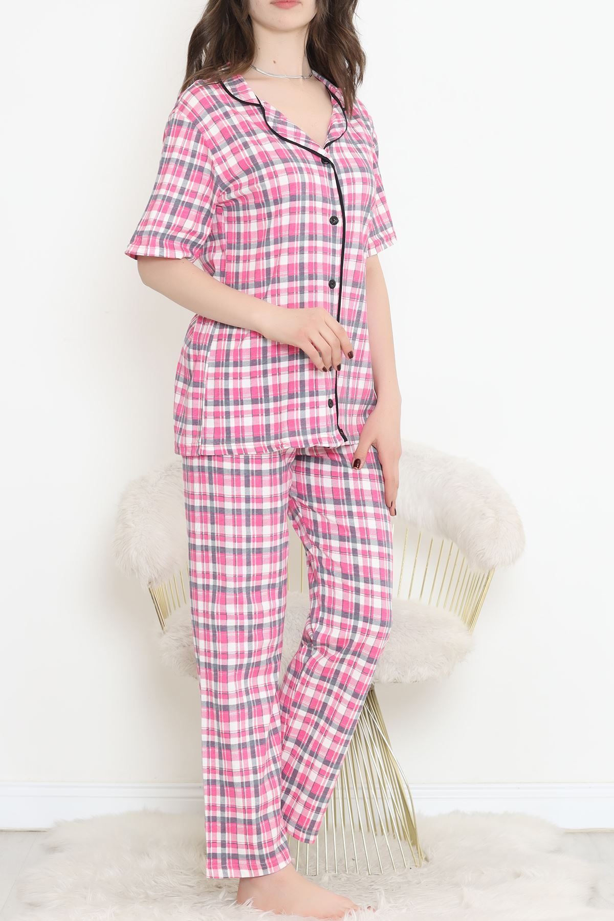 CLZ275 Düğmeli Pijama Takımı Pembekareli
