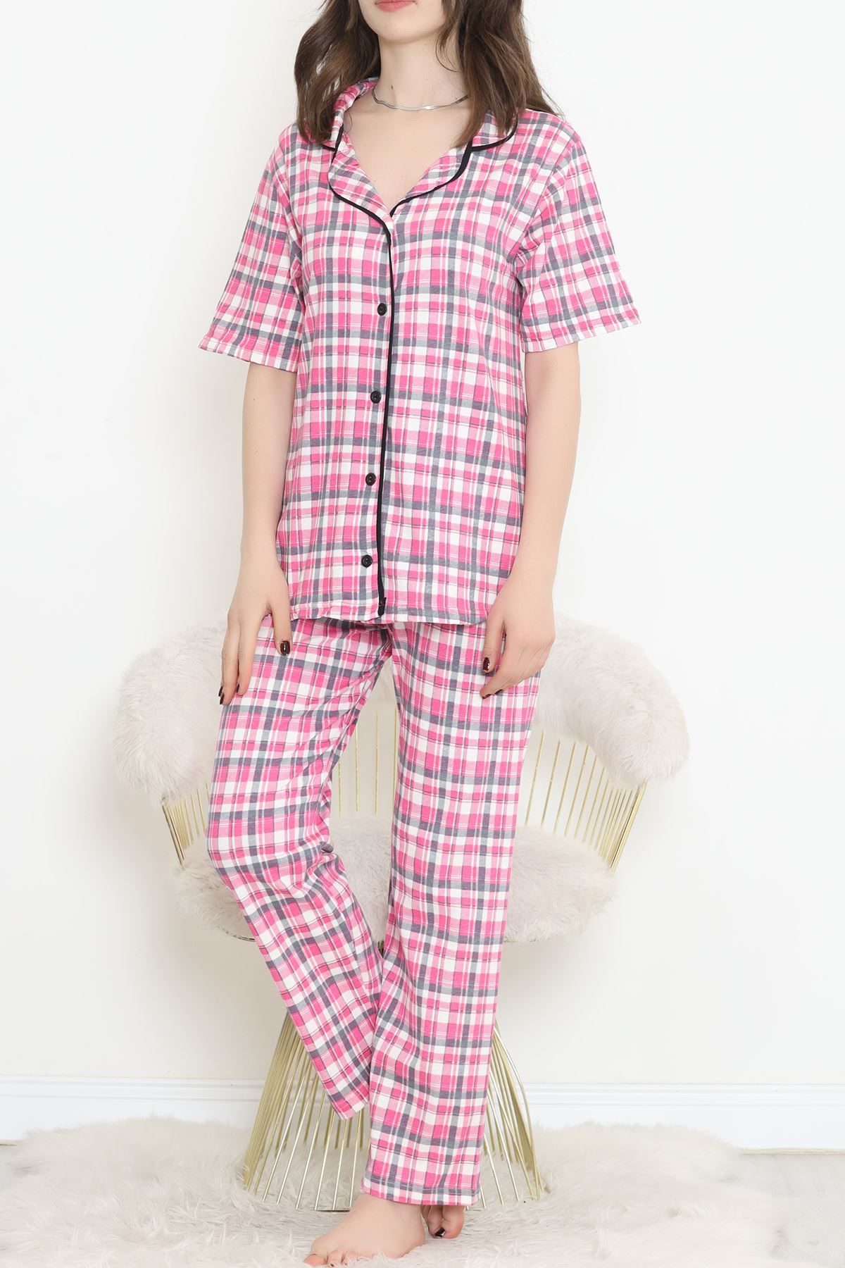 CLZ275 Düğmeli Pijama Takımı Pembekareli