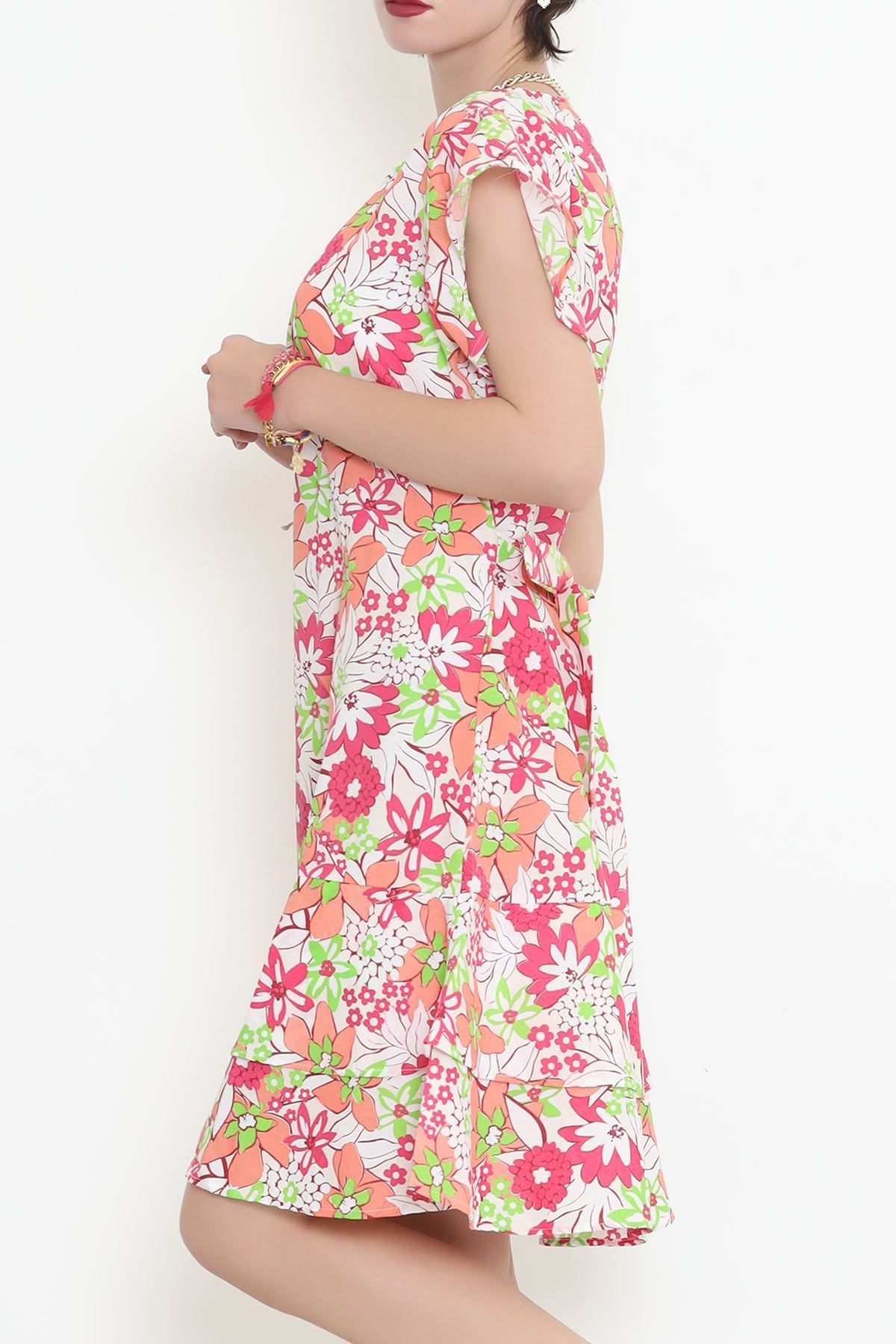 CLZ275 Eteği Fırfırlı Elbise Çiçekdesenli