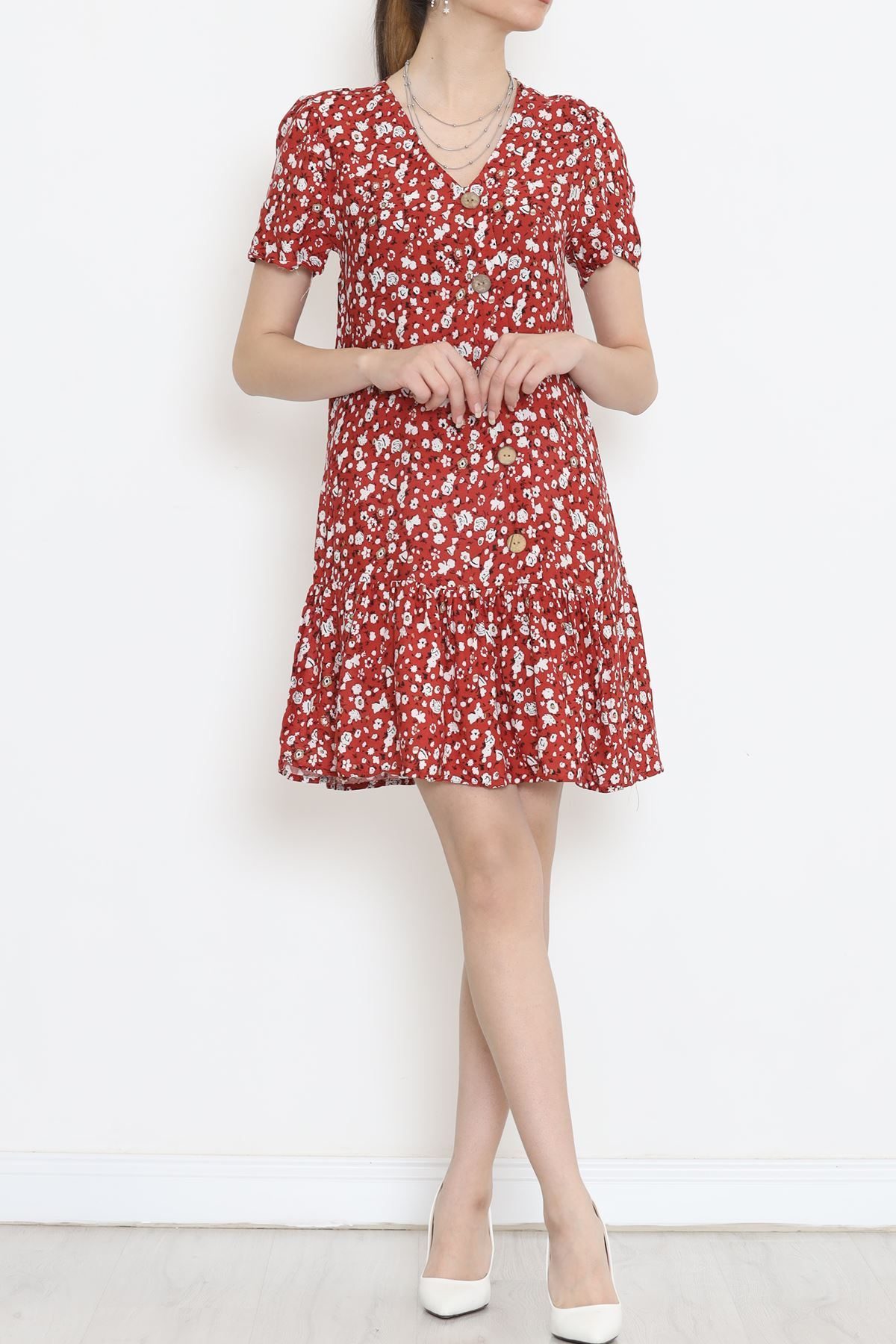 CLZ275 V Yaka Düğmeli Elbise Kırmızıçiçekli