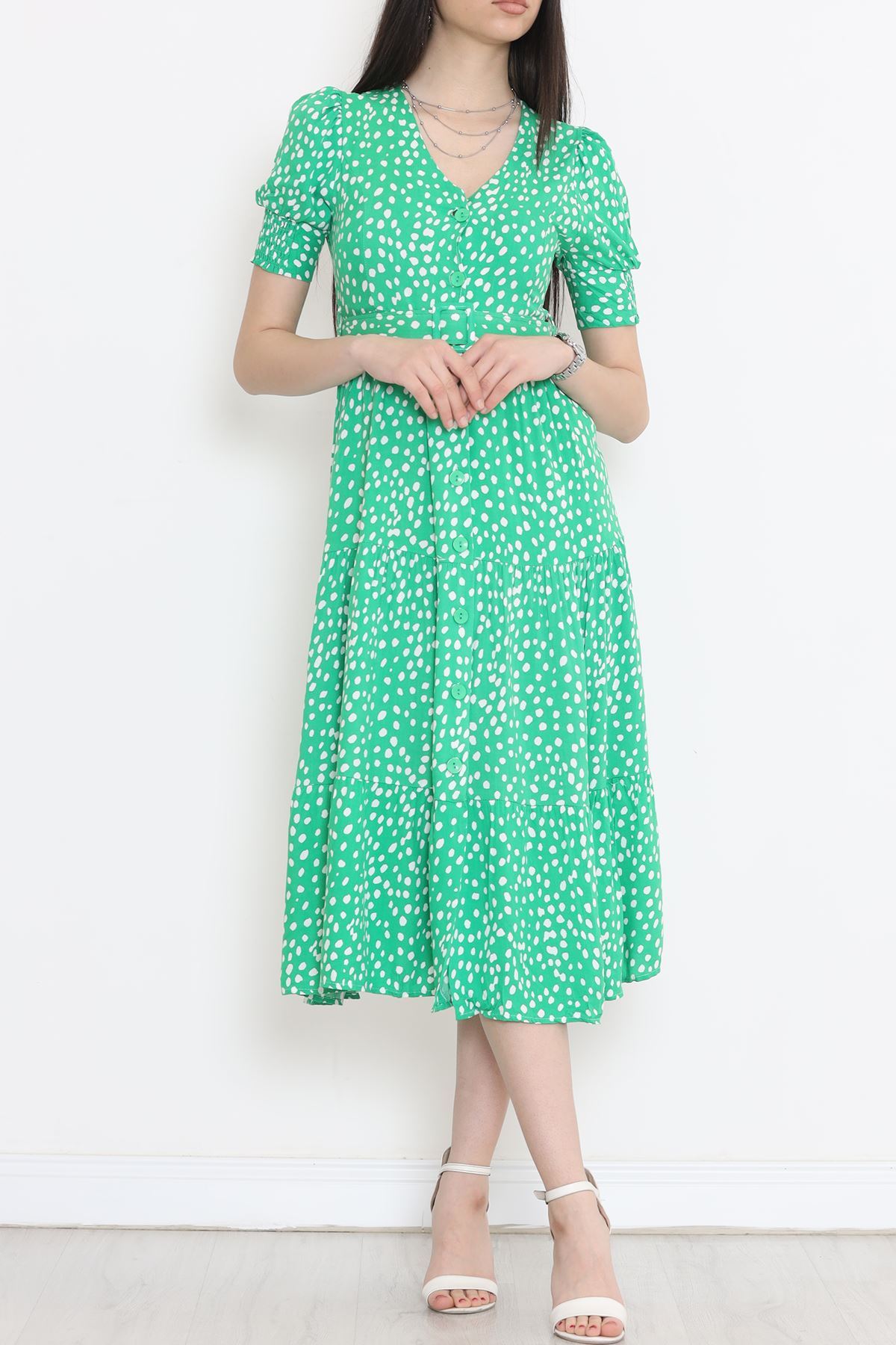 CLZ275 Düğmeli Kemerli Elbise Yeşil