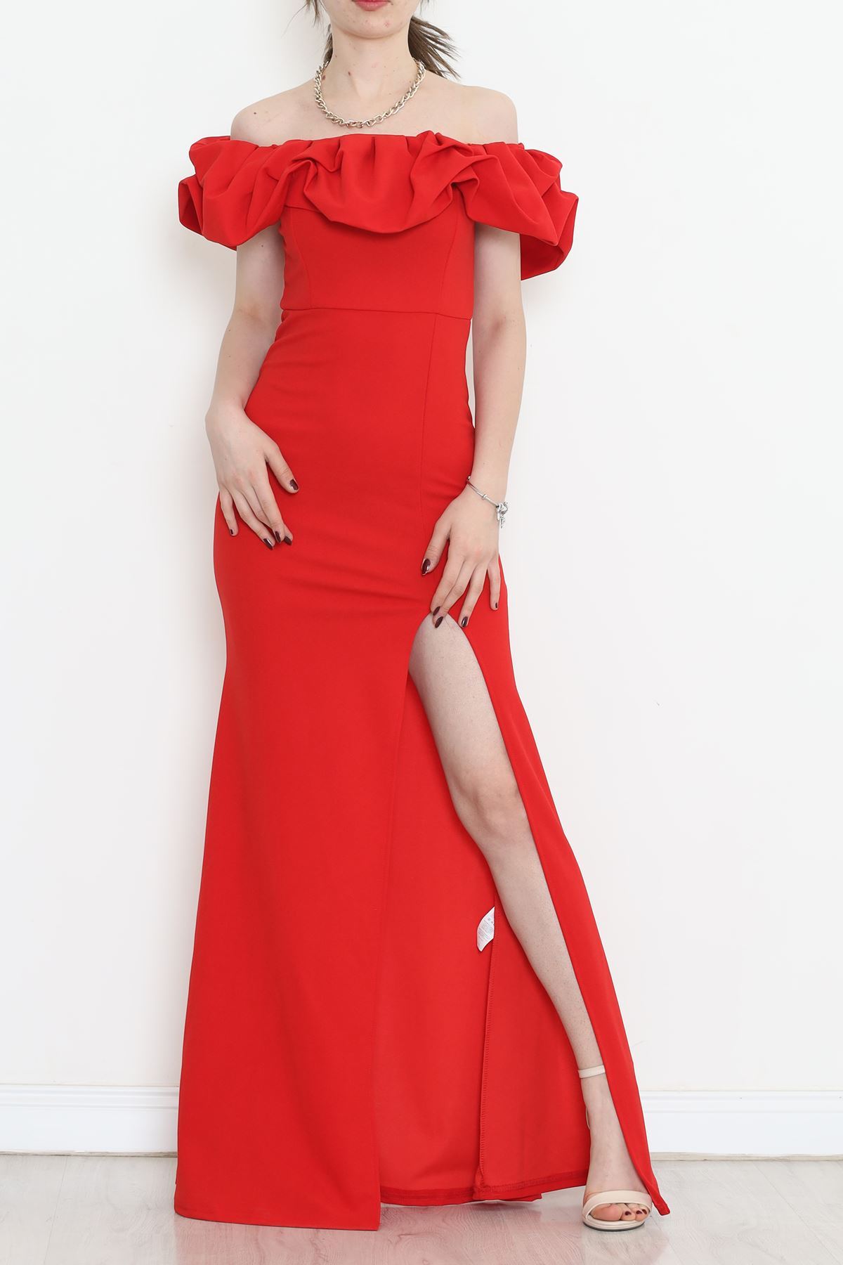 CLZ275 Volanlı Yırtmaçlı Elbise Kırmızı