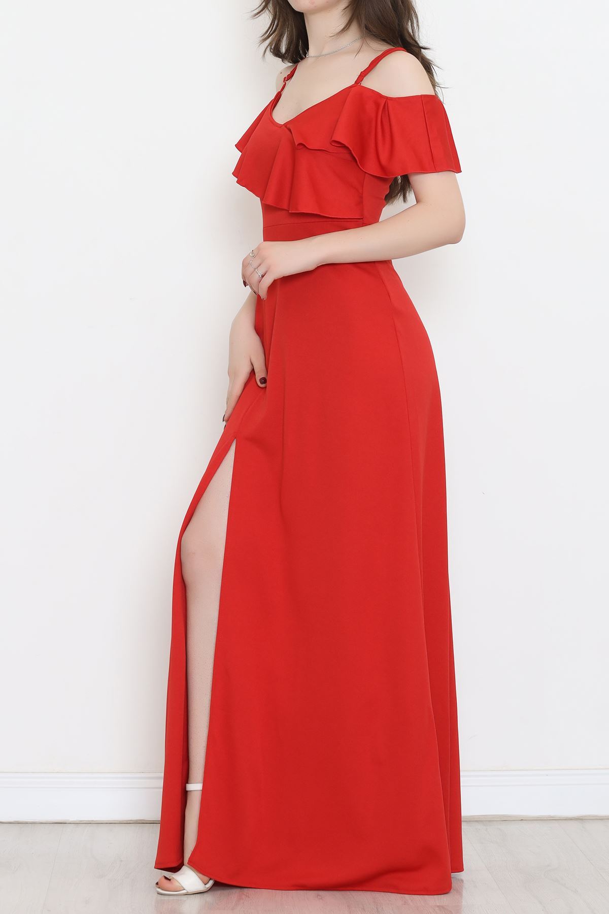 CLZ275 V Yaka Fırfırlı Elbise Kırmızı
