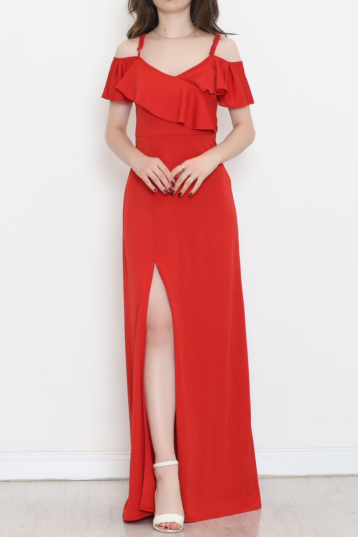 CLZ275 V Yaka Fırfırlı Elbise Kırmızı
