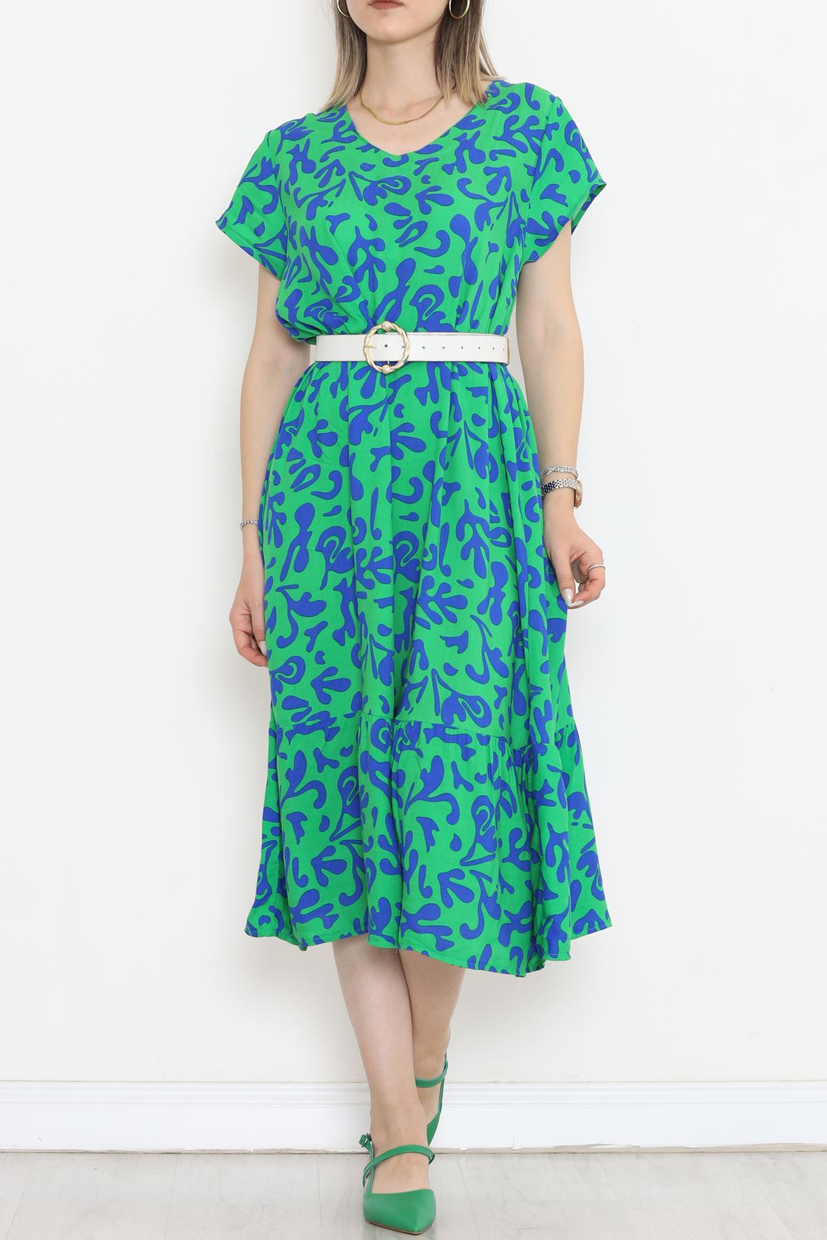 CLZ275 V Yaka Desenli Elbise Yeşilmavi