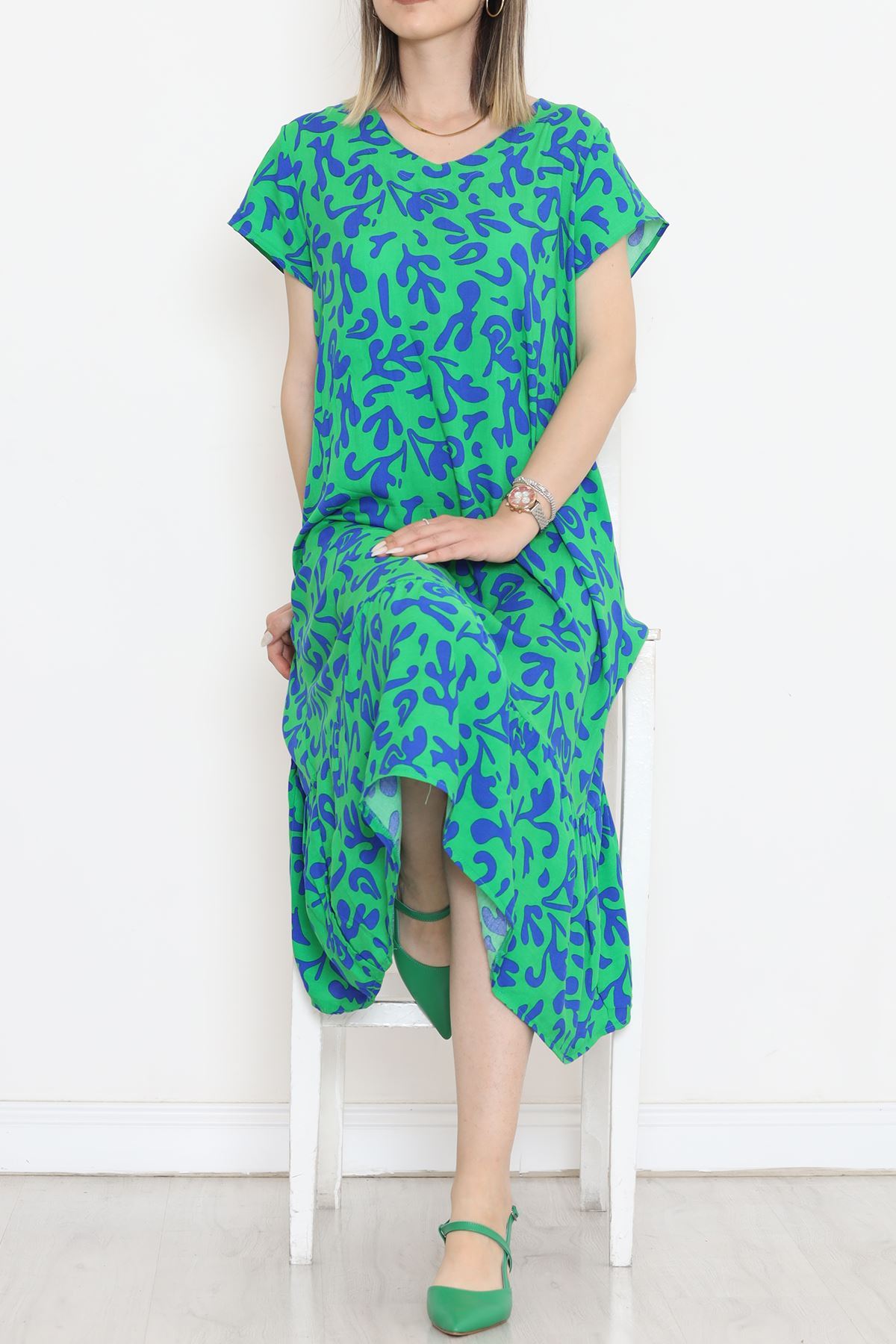 CLZ275 V Yaka Desenli Elbise Yeşilmavi