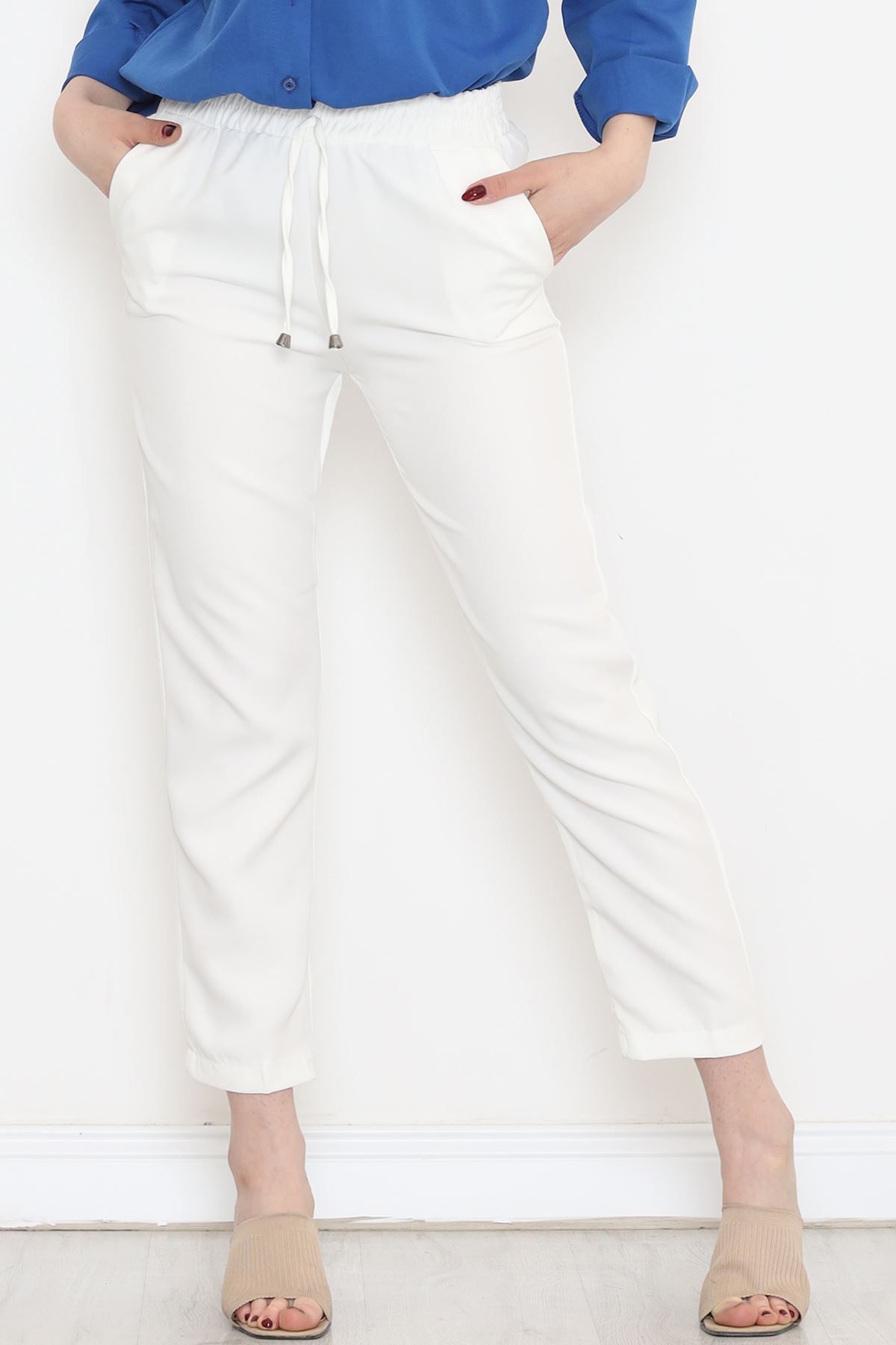 CLZ275 Beli Lastikli Pantolon Beyaz
