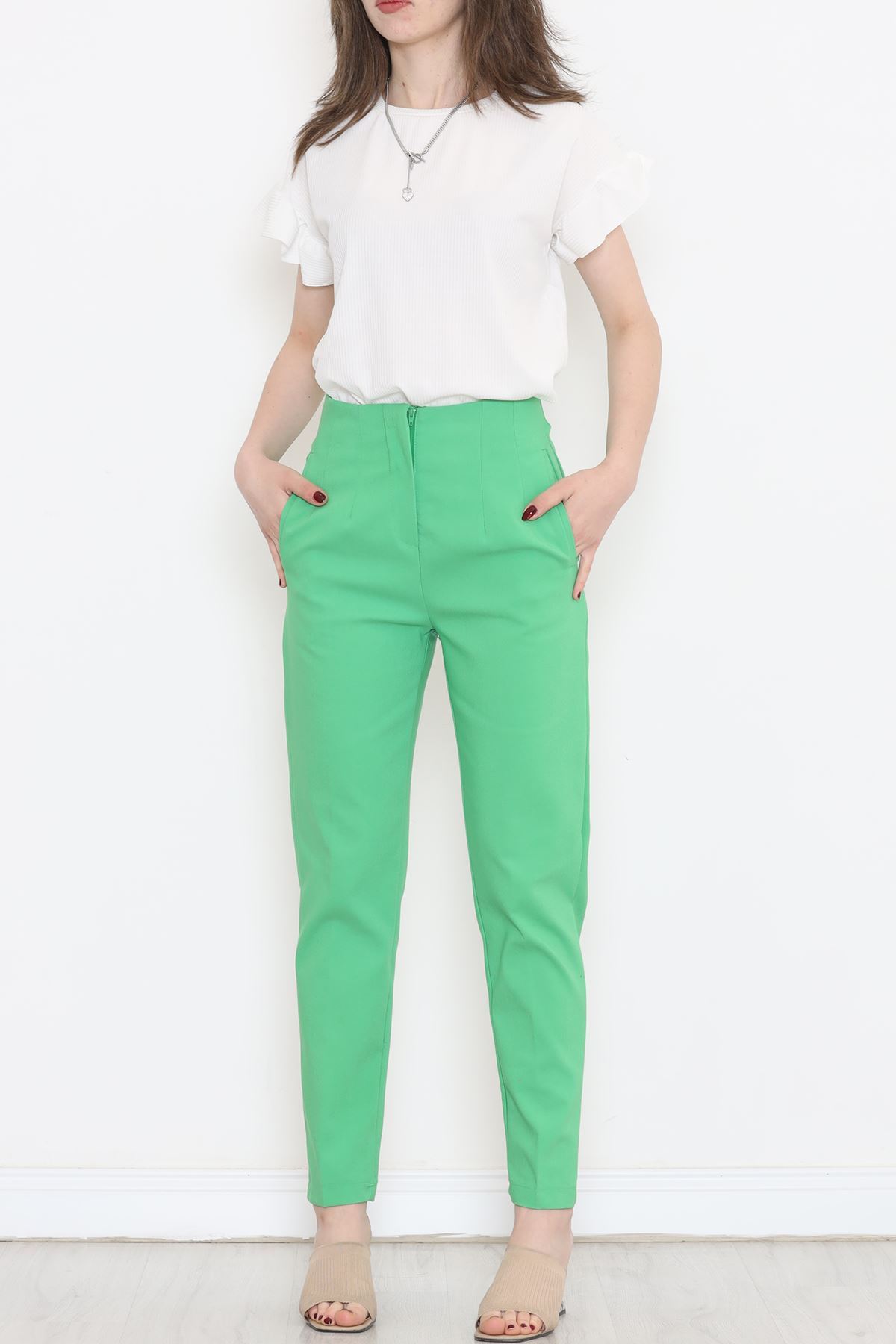 CLZ275 Beli Pensli Duble Pantolon Yeşil