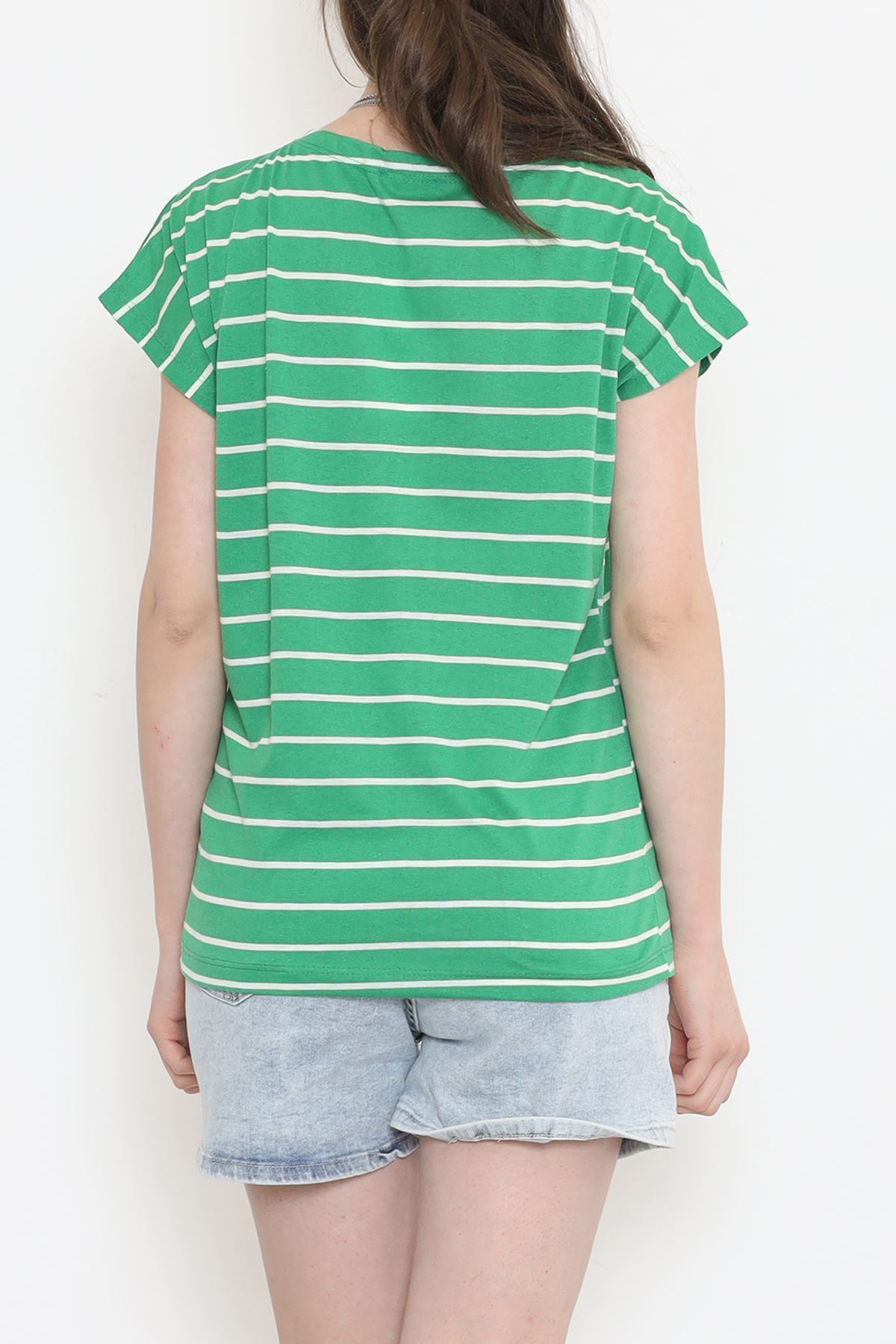 CLZ275 Fermuarlı Çizgili Tişört Yeşil