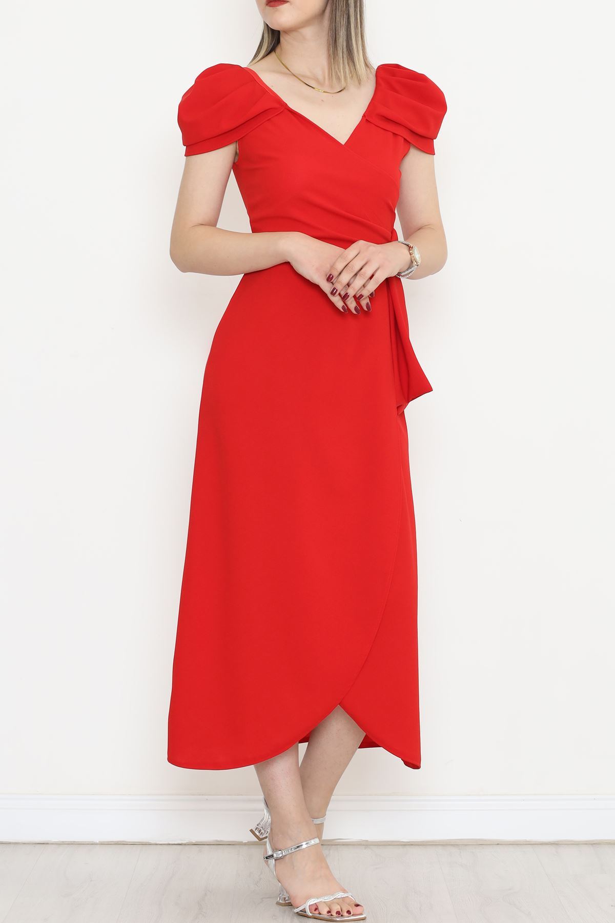 CLZ275 Omuz Pileli Krep Elbise Kırmızı