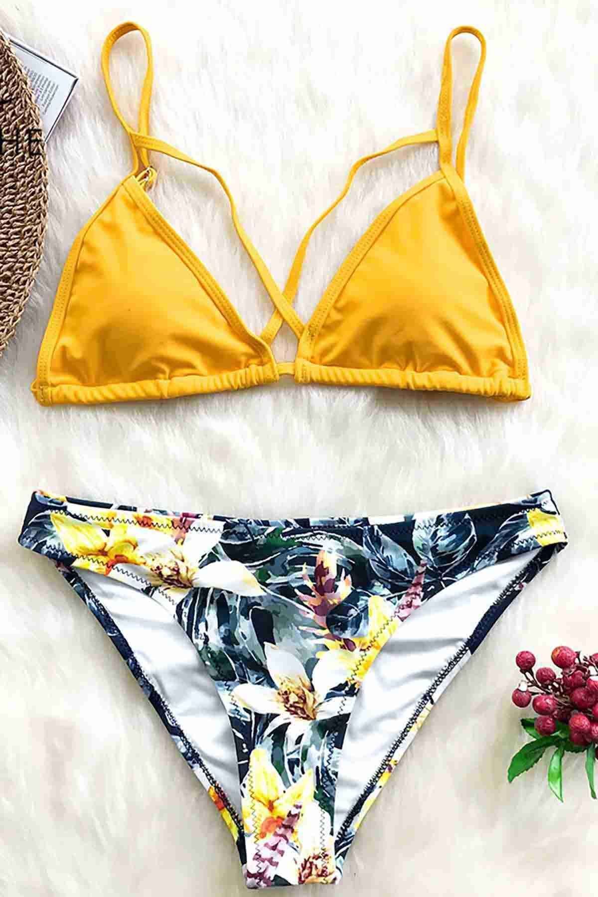 CLZ275 Desenli İp Detaylı Bikini Takım Sarı