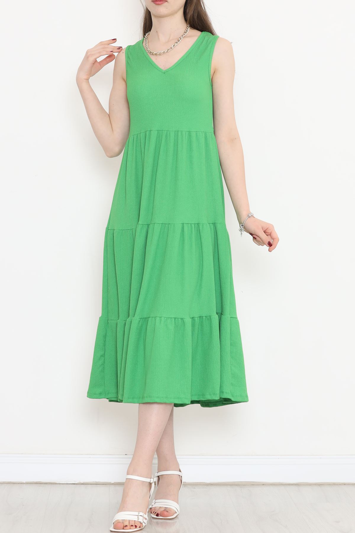 CLZ275 V Yaka Bürümcük Elbise Yeşil