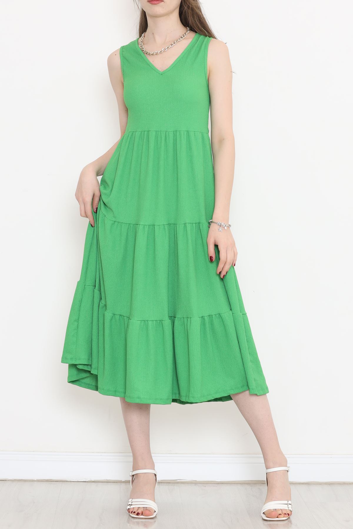 CLZ275 V Yaka Bürümcük Elbise Yeşil