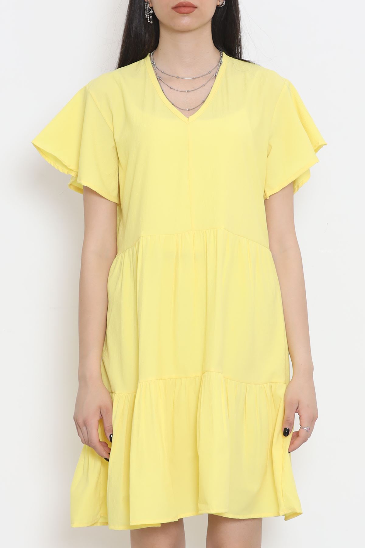 CLZ275 V Yaka Fırfırlı Elbise Sarı