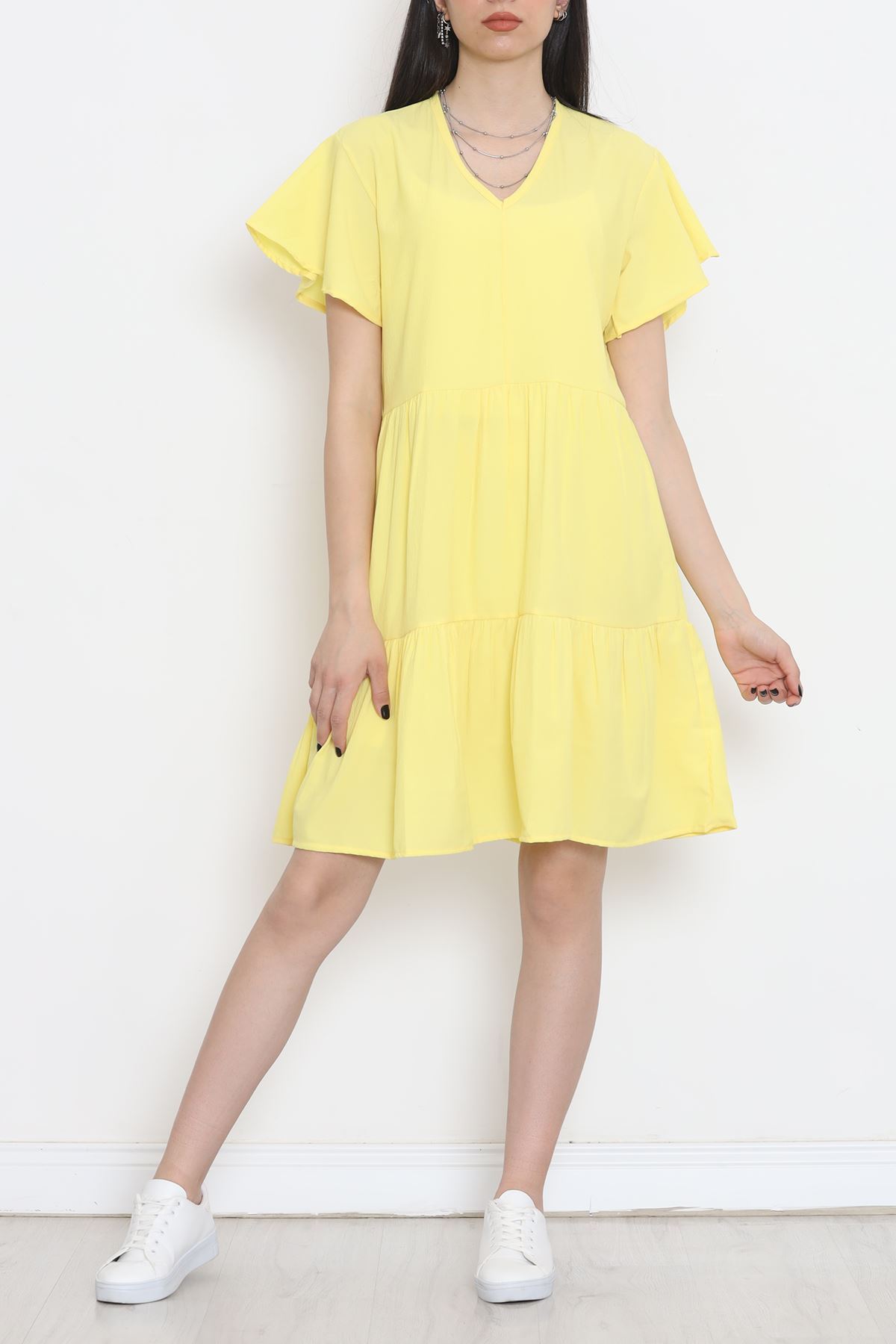CLZ275 V Yaka Fırfırlı Elbise Sarı