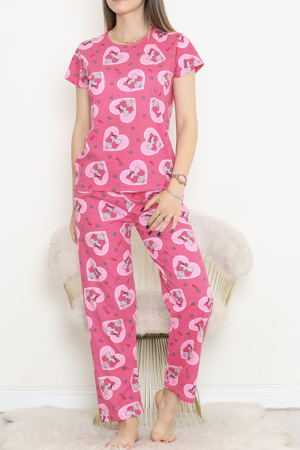 CLZ275 Desenli Pijama Takımı Fuşya