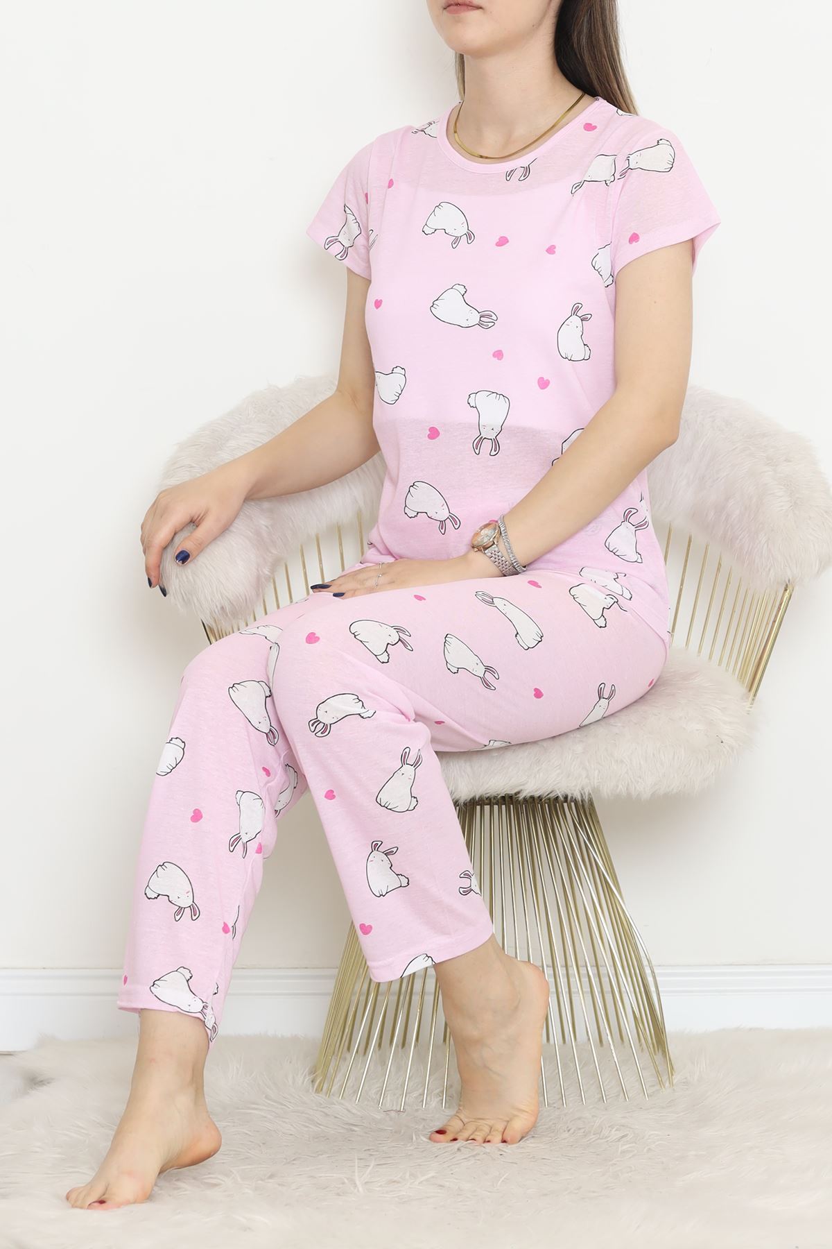 Desenli Pijama Takımı Beyazpembe