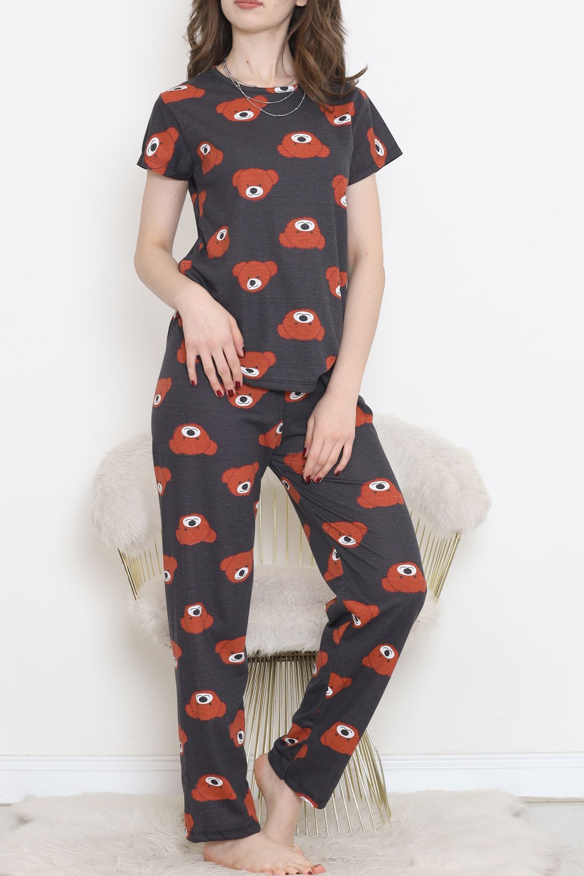 CLZ275 Desenli Pijama Takımı Antikahve