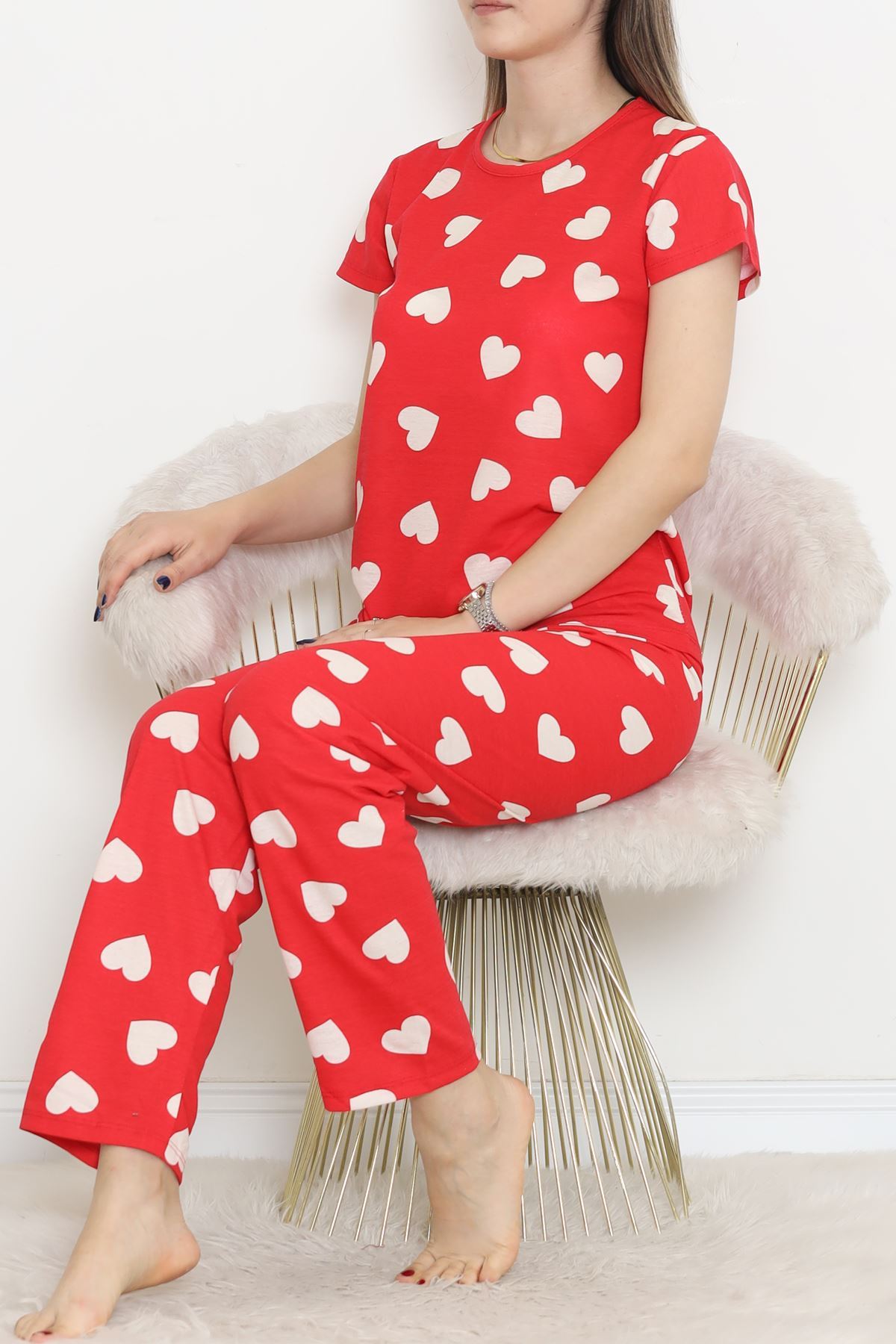 CLZ275 Desenli Pijama Takımı Kırmızıkalpli