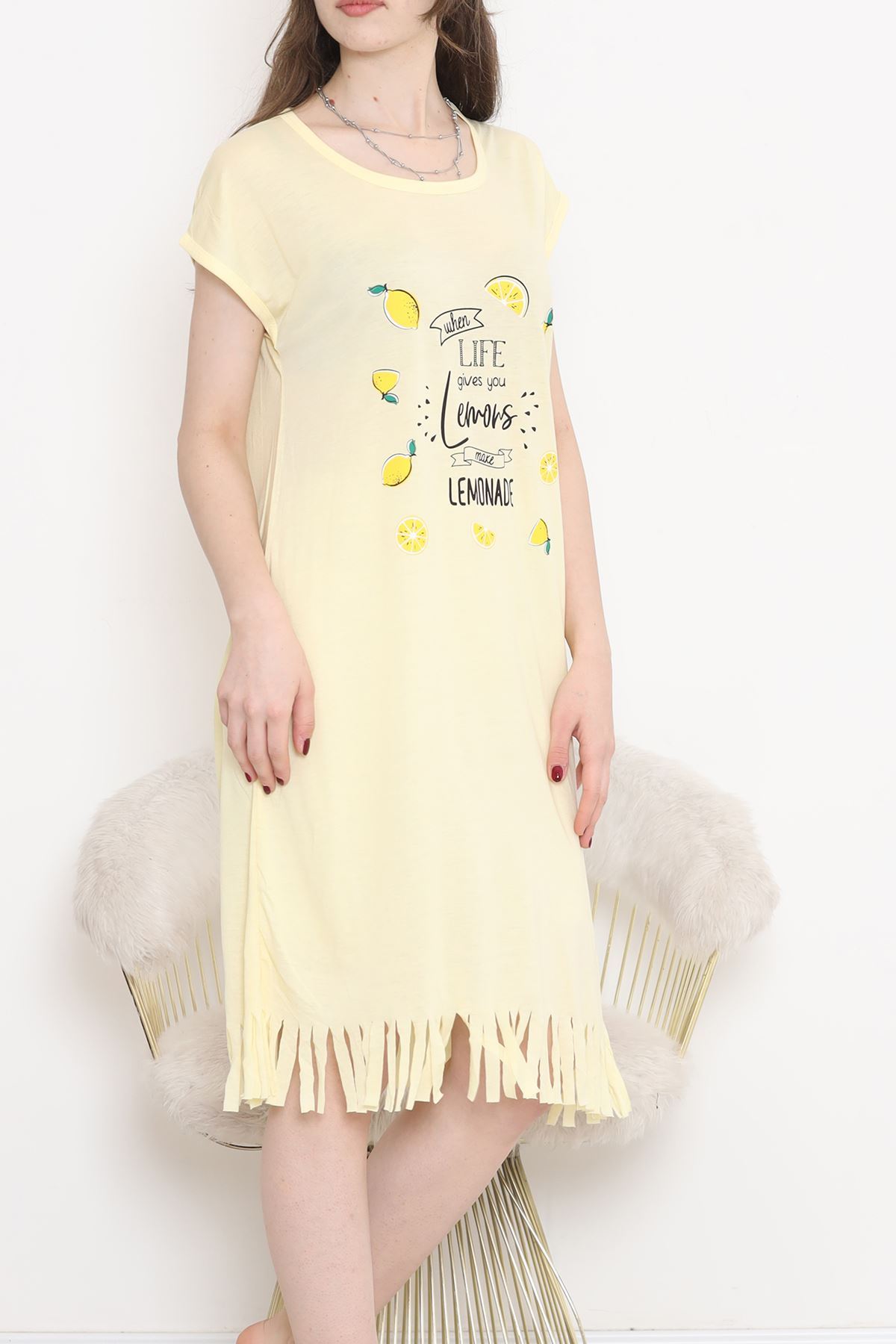 CLZ275 Desenli Gecelik Elbise Sarı