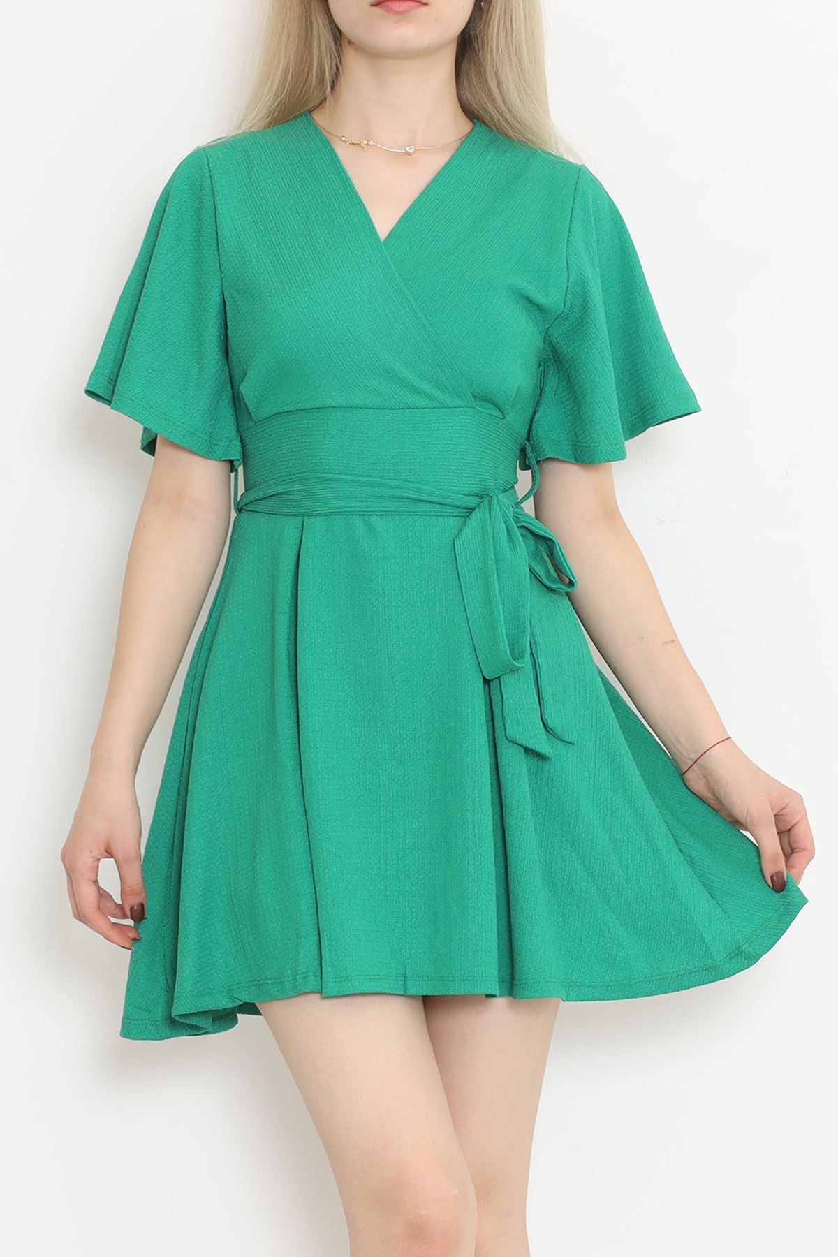 CLZ275 Fermuarlı Kuşaklı Elbise Yeşil